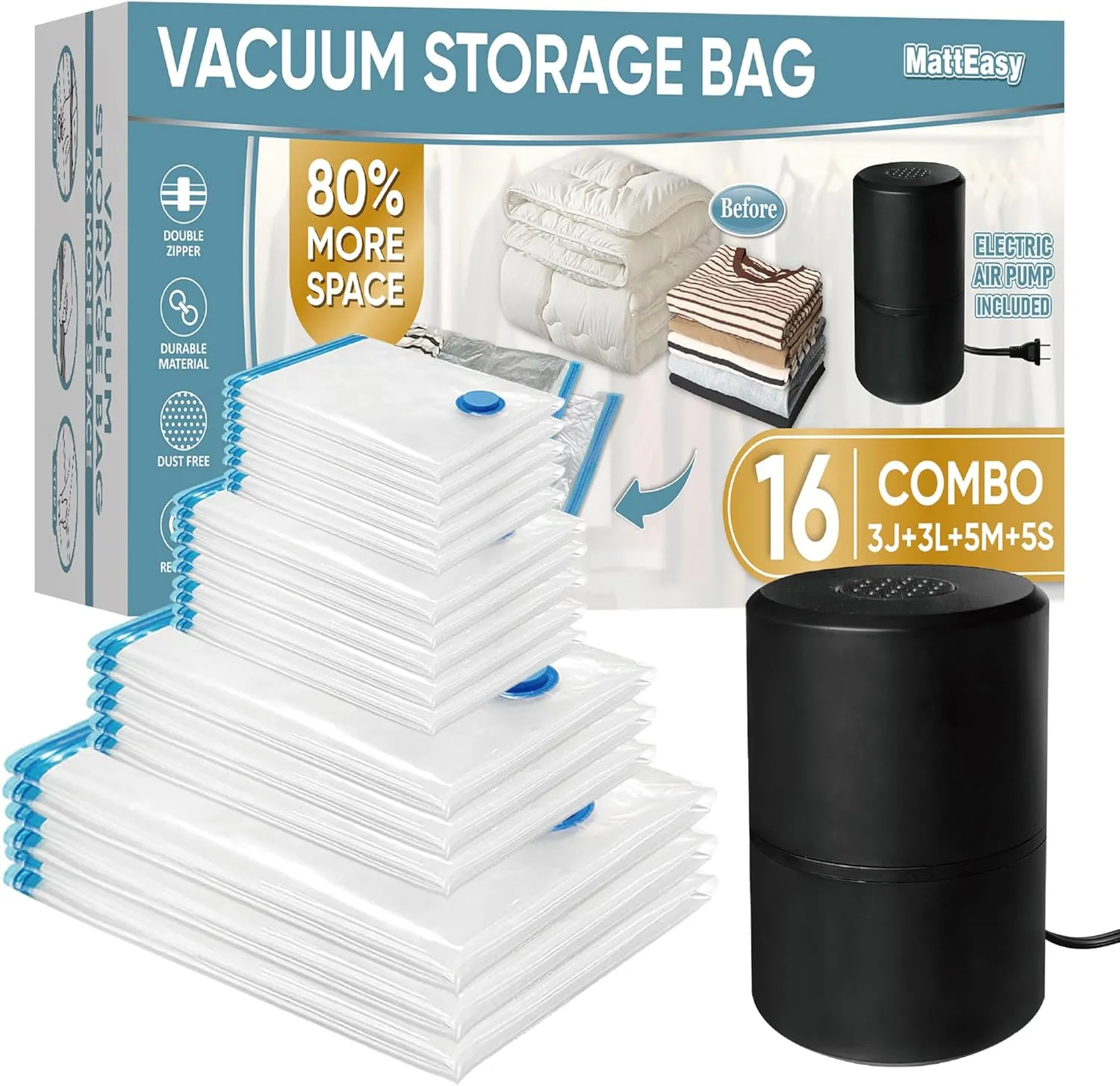 Vacuum Storage Bags with Electric Pump, 16 Pack (3 Jumbo/3 Large/5 Medium/5 Small), Space Saver Bags with Pump, Storage Vacuum Sealed Bags for Clothes, Comforters, Blankets, Bedding