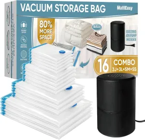 Vacuum Storage Bags with Electric Pump, 16 Pack (3 Jumbo/3 Large/5 Medium/5 Small), Space Saver Bags with Pump, Storage Vacuum Sealed Bags for Clothes, Comforters, Blankets, Bedding