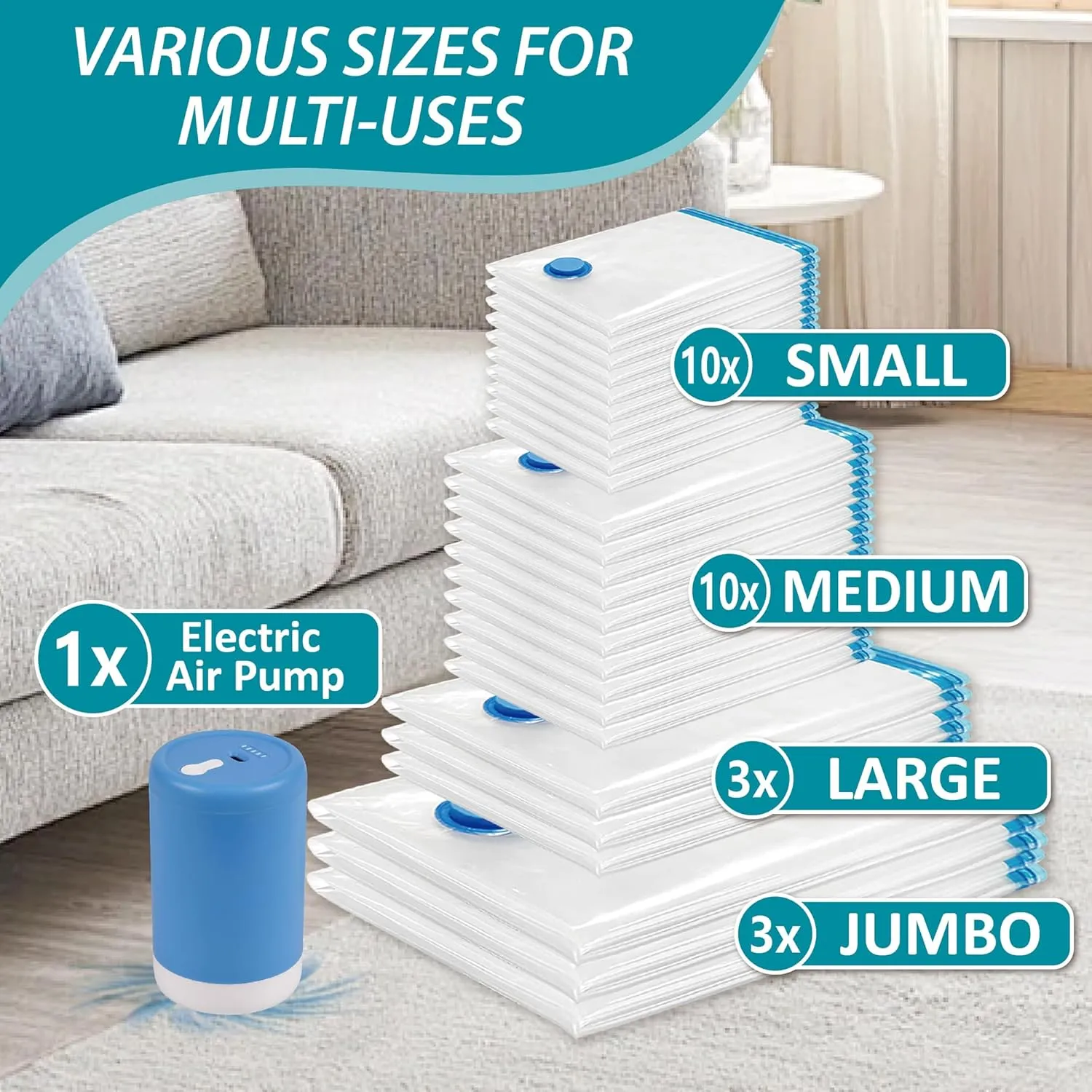 Vacuum Storage Bags with Electric Pump, 26 Pack (3 Jumbo/3 Large/10 Medium/10 Small) Vacuum Seal Space Saver Bags for Clothing, Pillows, Blanket, Bedding, Comforters