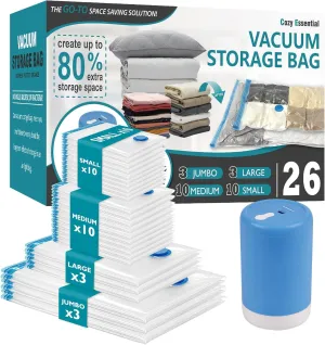Vacuum Storage Bags with Electric Pump, 26 Pack (3 Jumbo/3 Large/10 Medium/10 Small) Vacuum Seal Space Saver Bags for Clothing, Pillows, Blanket, Bedding, Comforters
