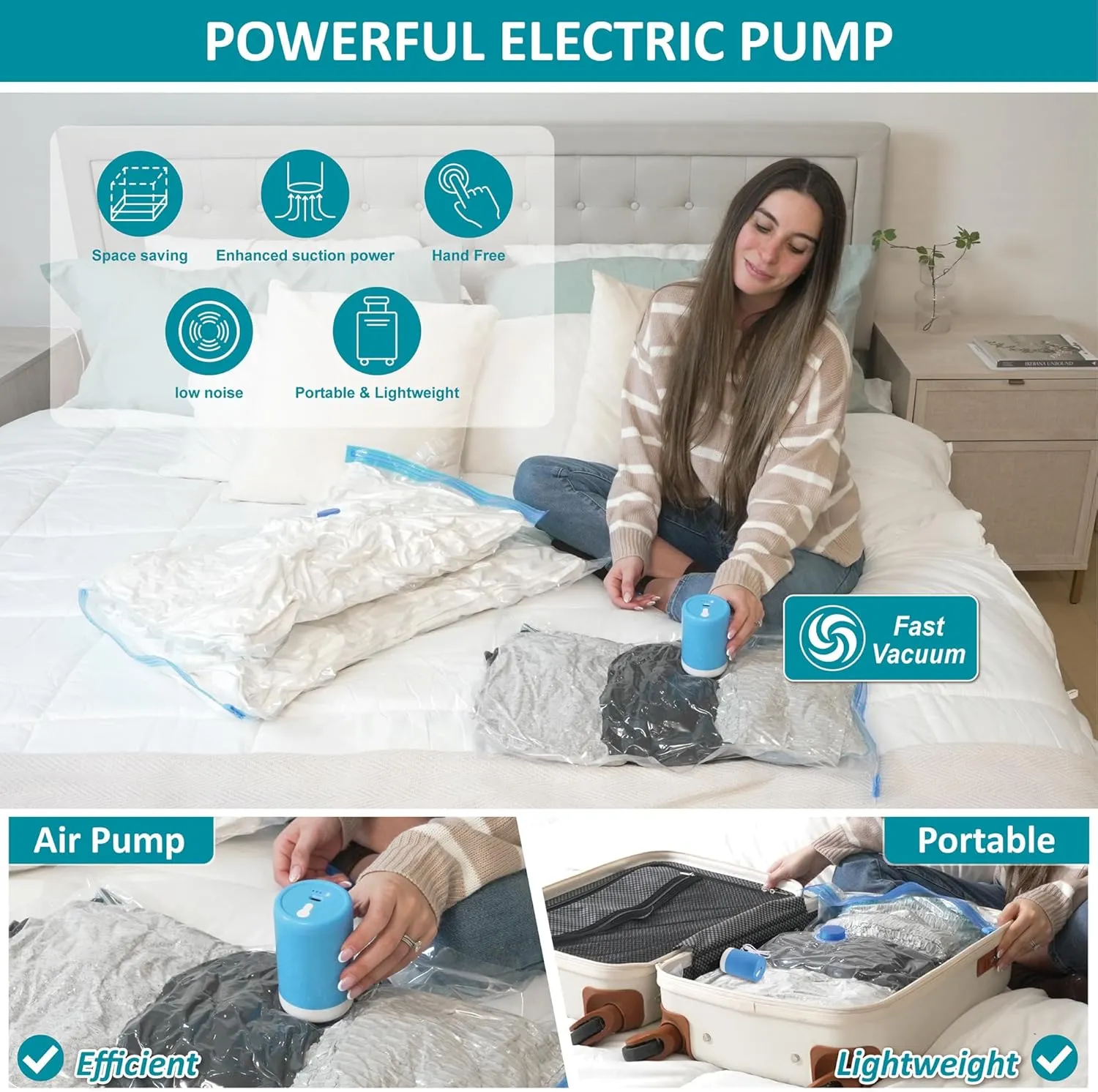 Vacuum Storage Bags with Electric Pump, 26 Pack (3 Jumbo/3 Large/10 Medium/10 Small) Vacuum Seal Space Saver Bags for Clothing, Pillows, Blanket, Bedding, Comforters