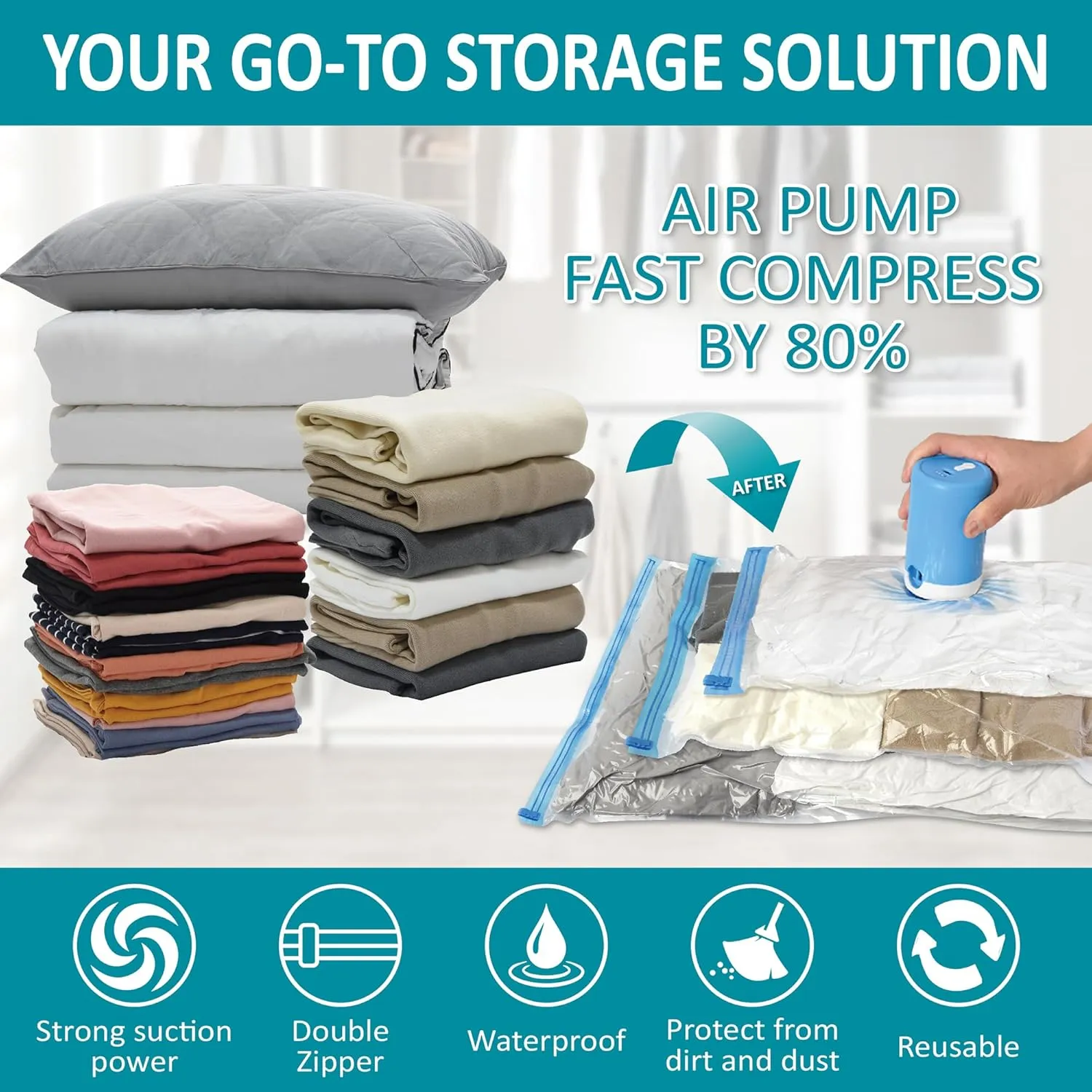 Vacuum Storage Bags with Electric Pump, 26 Pack (3 Jumbo/3 Large/10 Medium/10 Small) Vacuum Seal Space Saver Bags for Clothing, Pillows, Blanket, Bedding, Comforters