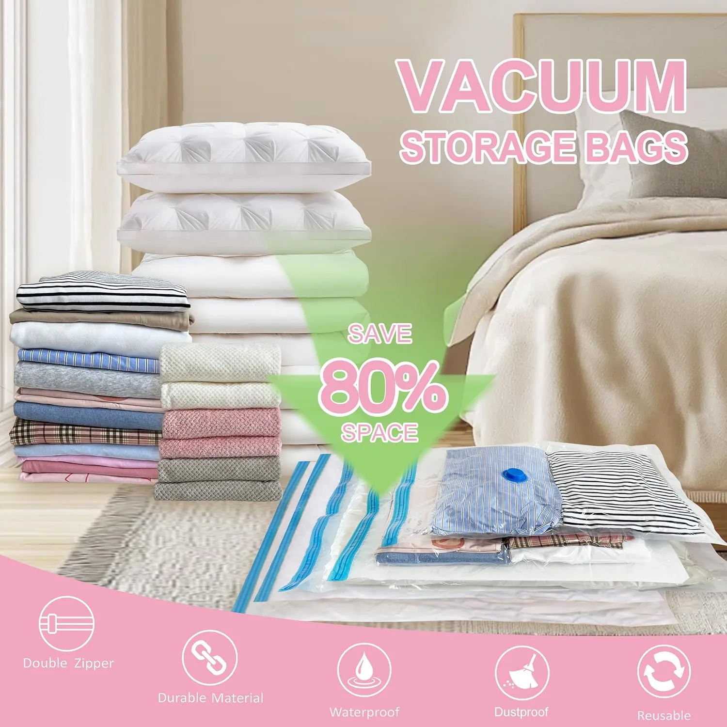 Vacuum Storage Bags with Hand Pump, 80% Space Saver Vacuum Seal Bags for Clothing, Vacuum Compression Bags for Travel Lugggage, Blankets, Comforters (16 Combo)