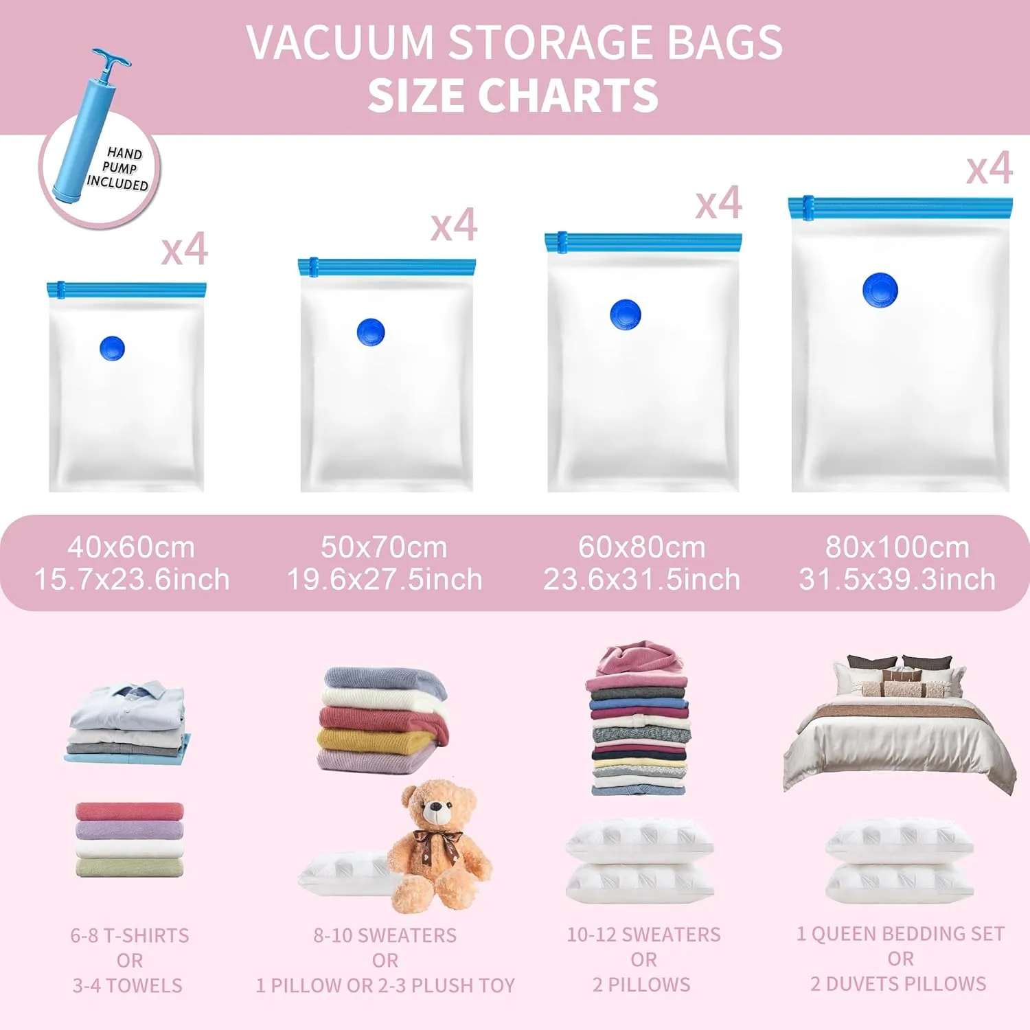 Vacuum Storage Bags with Hand Pump, 80% Space Saver Vacuum Seal Bags for Clothing, Vacuum Compression Bags for Travel Lugggage, Blankets, Comforters (16 Combo)