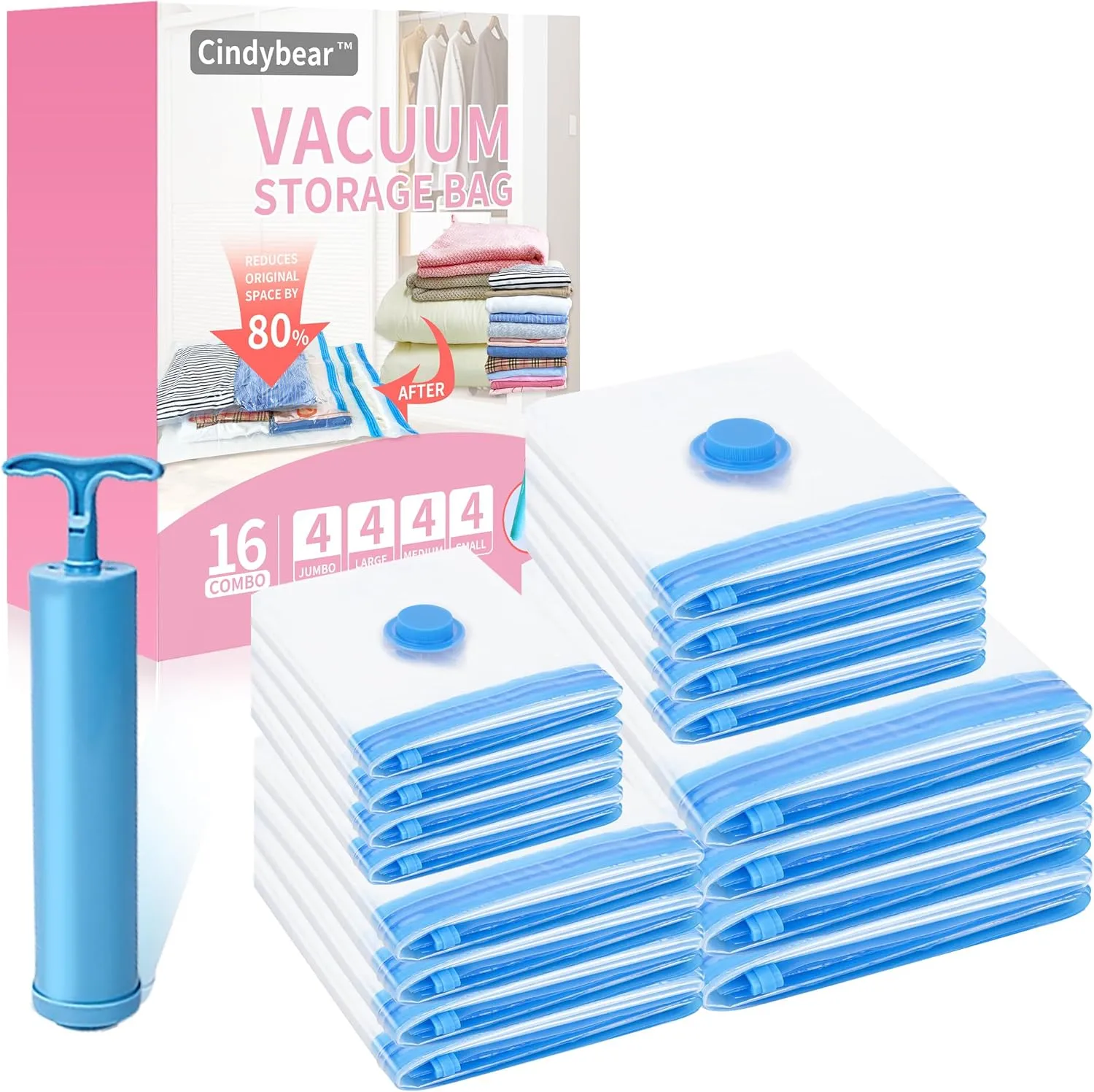 Vacuum Storage Bags with Hand Pump, 80% Space Saver Vacuum Seal Bags for Clothing, Vacuum Compression Bags for Travel Lugggage, Blankets, Comforters (16 Combo)