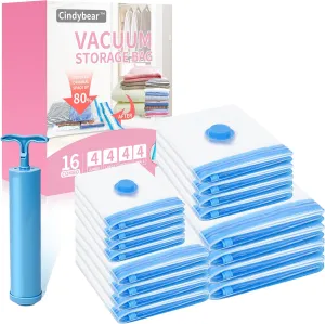 Vacuum Storage Bags with Hand Pump, 80% Space Saver Vacuum Seal Bags for Clothing, Vacuum Compression Bags for Travel Lugggage, Blankets, Comforters (16 Combo)