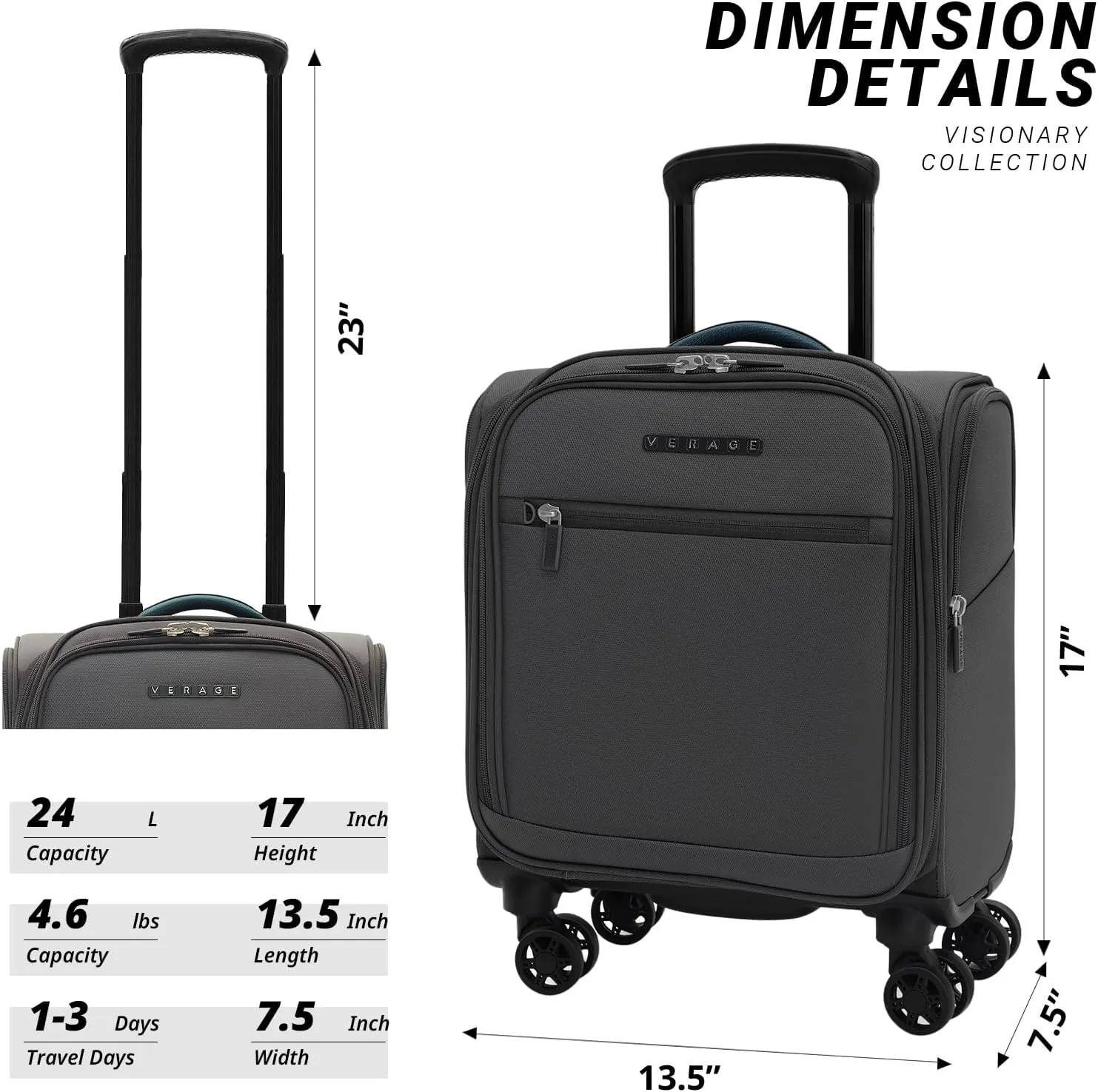 Verage Under Seat Luggage with Wheels, Softside Small Suitcase Spinner Carry On Luggage Bags for Airlines Airplanes Short Trip Men Women (Grey, 14-Inch Underseat)