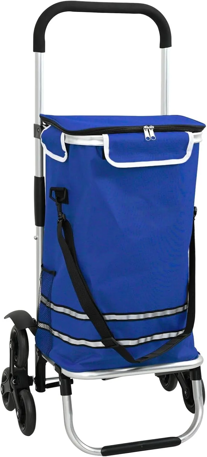 vidaXL Blue Foldable Shopping Cart with Adjustable Handle and Multiple Storage Bags Indoor Outdoor Use Lightweight Waterproof Durable Cart Portable Wheeled Bag Grocery Transport UV Resistant