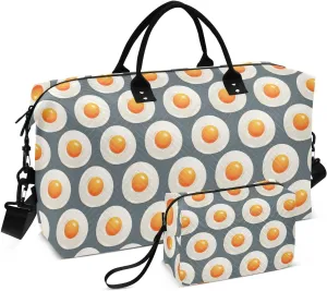 VIGTRO Travel Duffel Bag Weekender Overnight Bag with Toiletry Bag Fried Yellow Eggs Pattern Printed, Carry On Luggage Bag for Hospital Gym Travel Business, 2 Pcs Set