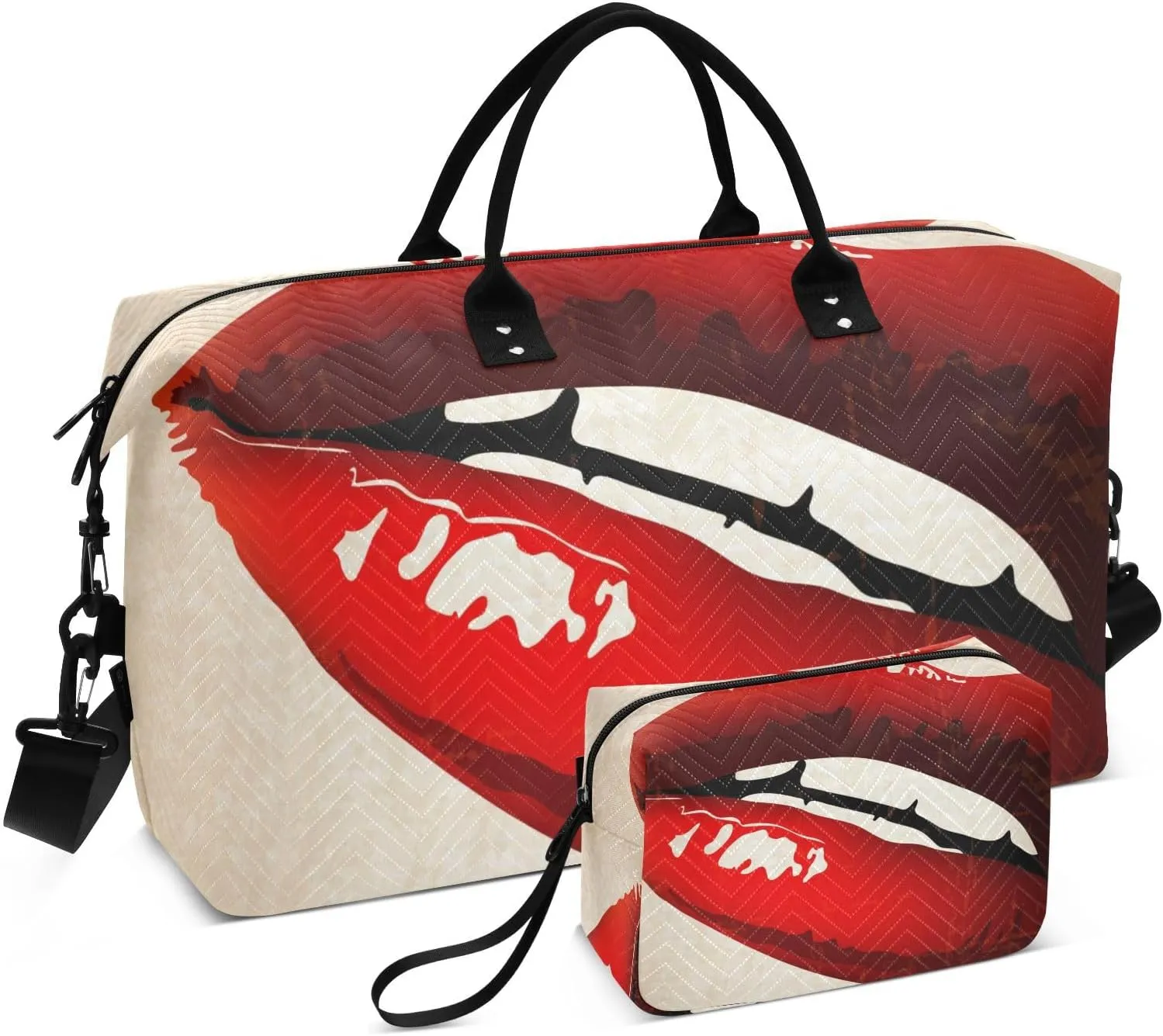 VIGTRO Travel Duffel Bag Weekender Overnight Bag with Toiletry Bag Lips Vintage Red Printed, Carry On Luggage Bag Retro Women Kiss for Hospital Gym Travel Business, 2 Pcs Set
