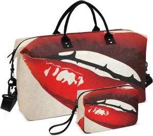 VIGTRO Travel Duffel Bag Weekender Overnight Bag with Toiletry Bag Lips Vintage Red Printed, Carry On Luggage Bag Retro Women Kiss for Hospital Gym Travel Business, 2 Pcs Set