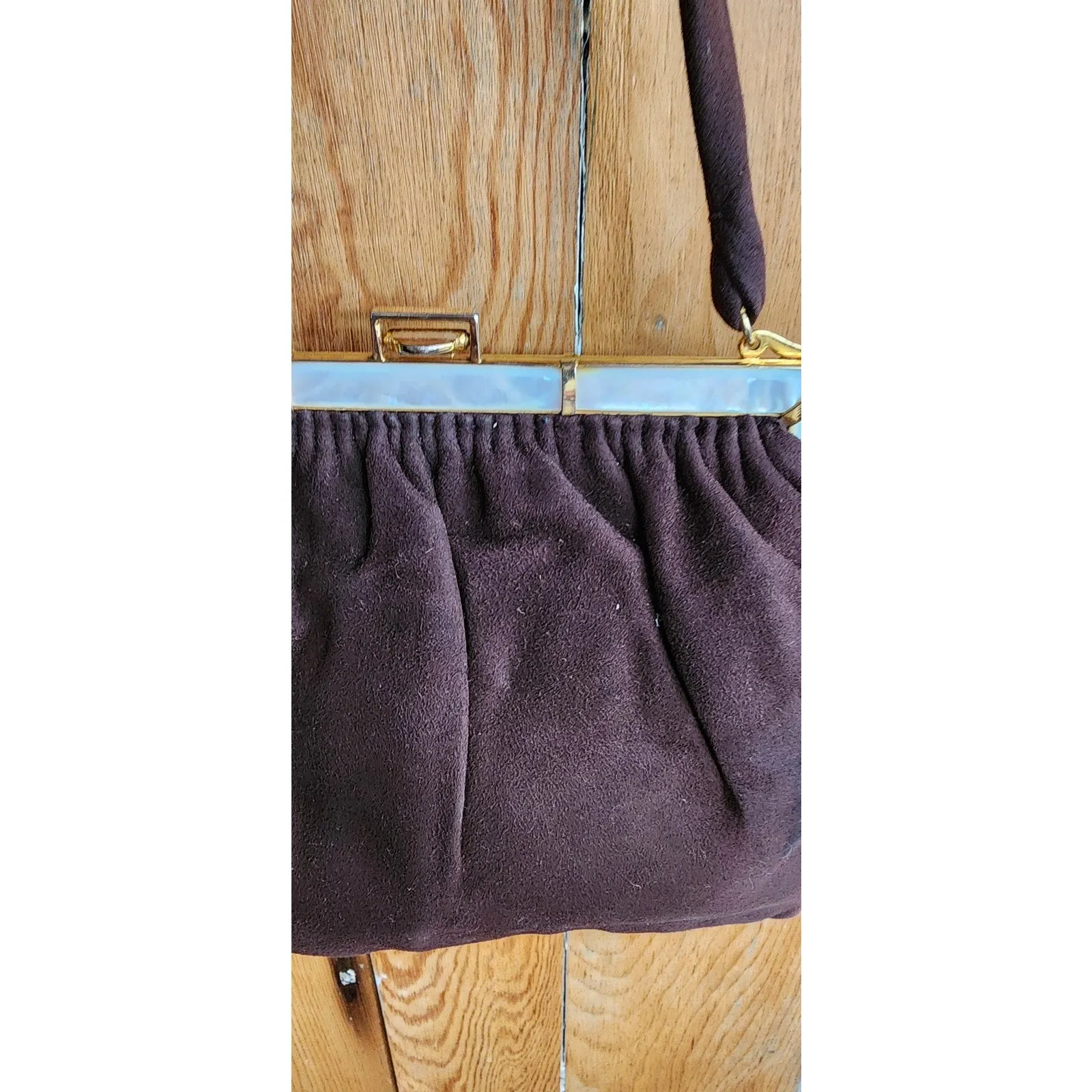 Vintage 40s Brown Bag Brushed Suede Mother of Pearl Buechner