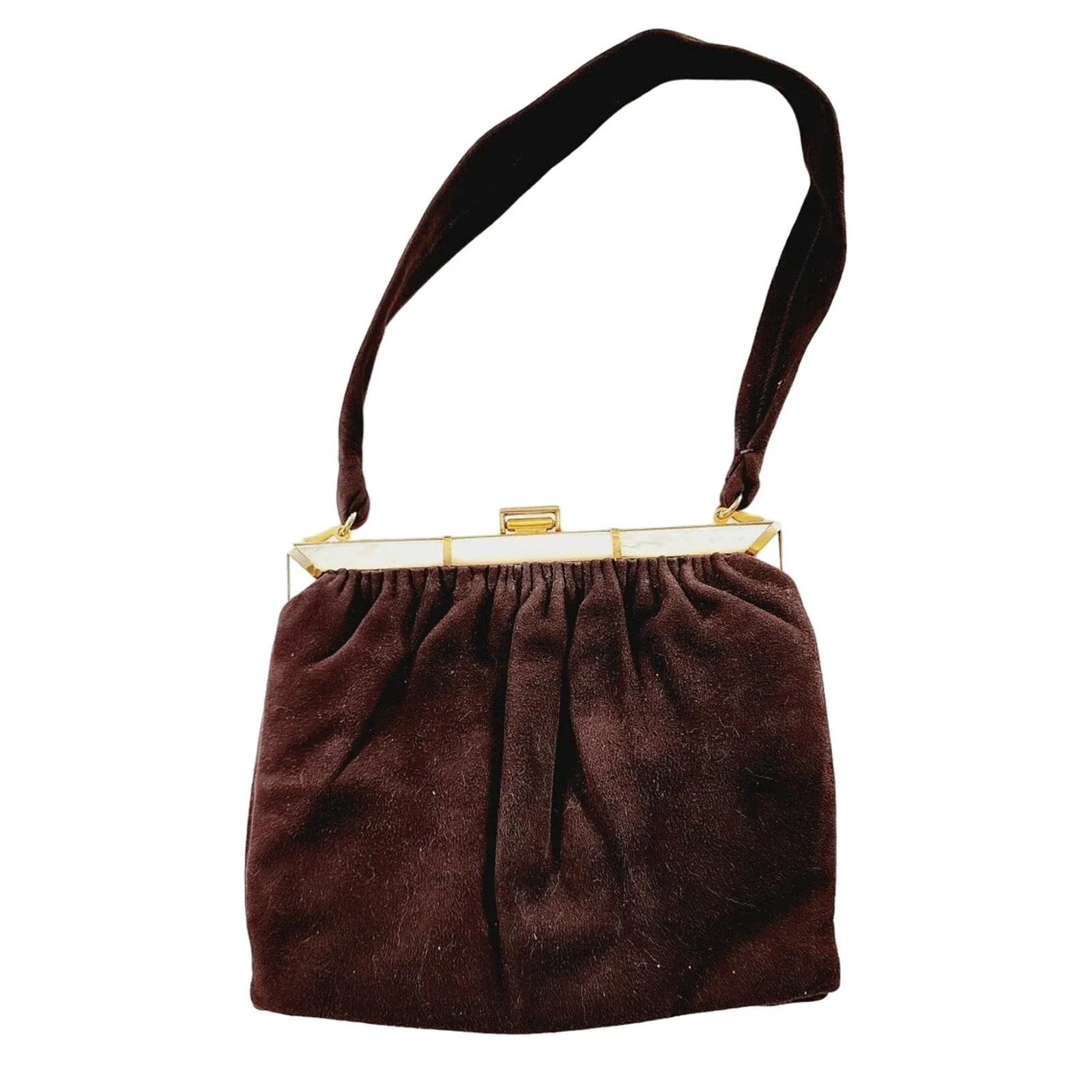 Vintage 40s Brown Bag Brushed Suede Mother of Pearl Buechner