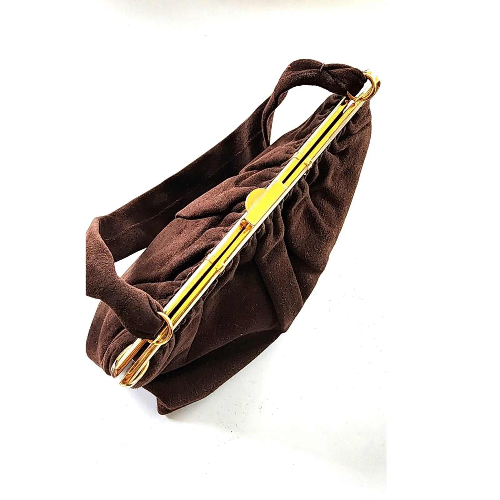 Vintage 40s Brown Bag Brushed Suede Mother of Pearl Buechner