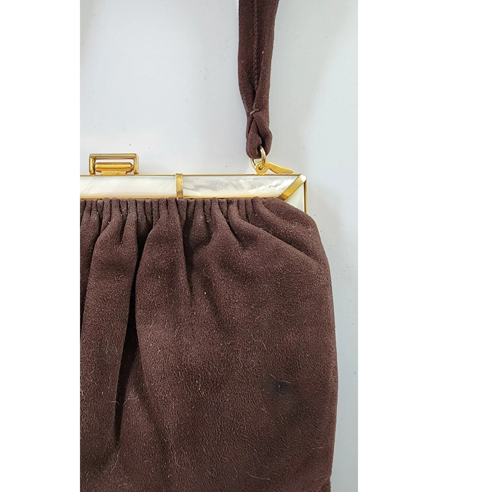 Vintage 40s Brown Bag Brushed Suede Mother of Pearl Buechner