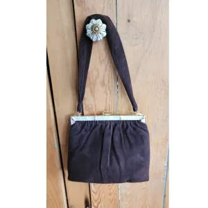 Vintage 40s Brown Bag Brushed Suede Mother of Pearl Buechner