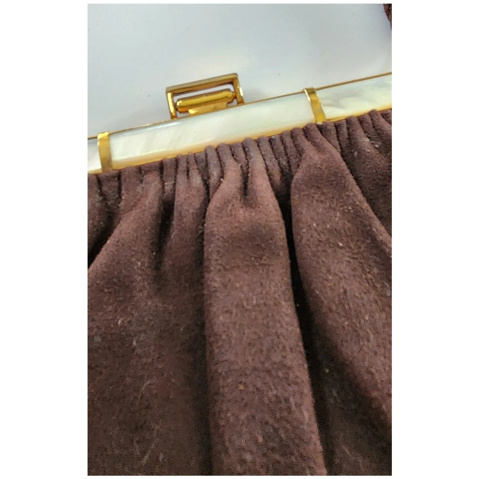 Vintage 40s Brown Bag Brushed Suede Mother of Pearl Buechner