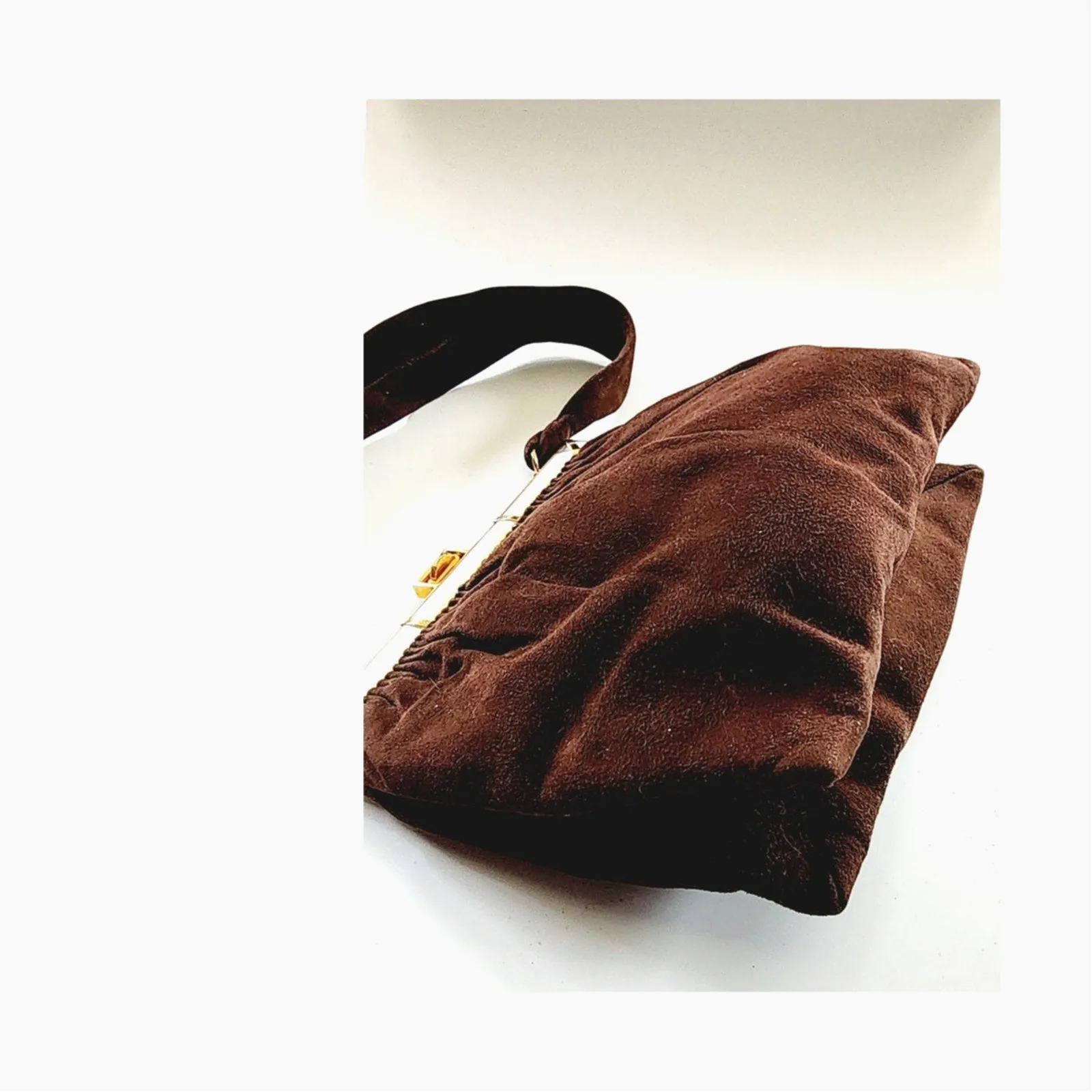 Vintage 40s Brown Bag Brushed Suede Mother of Pearl Buechner