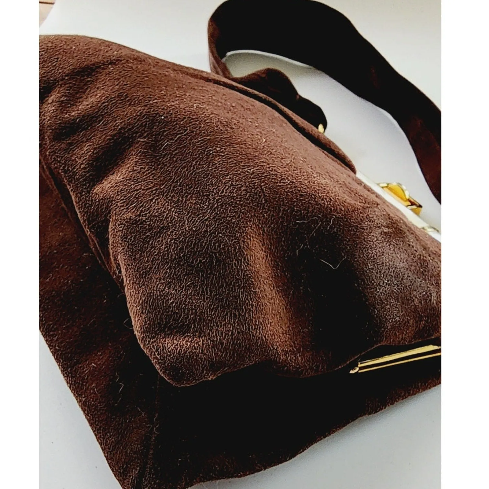 Vintage 40s Brown Bag Brushed Suede Mother of Pearl Buechner