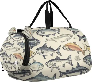 Vintage Fish Pattern Duffle Bag for Toddler Girls Boys, Sports Gym Bag with Shoe Compartments, Kids Travel Overnight Weekender Shoulder Bag
