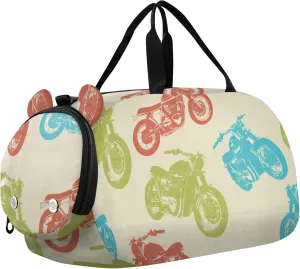Vintage Motorcycle Pattern Sports Duffle Bag for Girls Boys, Gym Bag with Shoe Compartment, Kids Travel Overnight Weekender Shoulder Bag