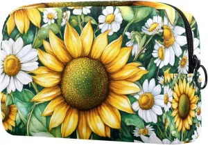 Vintage Sunflowers and White Chamomile Floral Cosmetic Makeup Bags, Small Travel Zipper Pouch Portable Toiletry Bag Makeup Organizer for Women Teen Girls