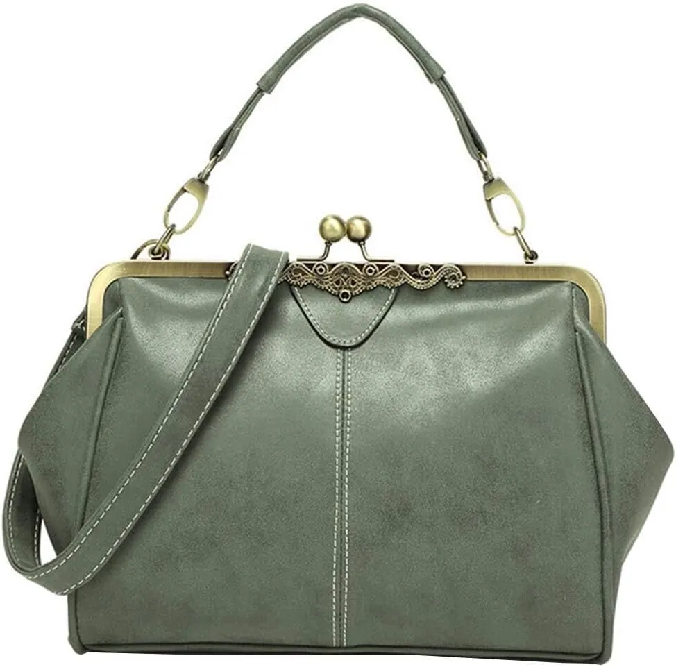 Vintage Women Tote BagsSmall Retro Handbags Kiss Lock Crossbody Bags Purse Frosted Leather Messenger Bag