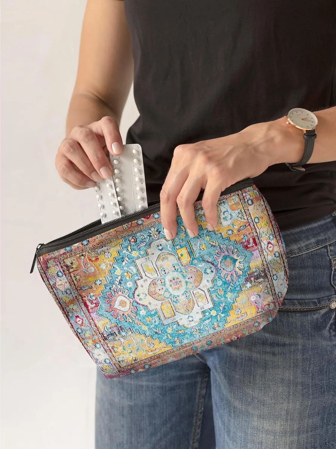 Watbro 2Pcs Antique Ethnic Canvas Tote Bag & Make Up Bag Aesthetic for Women,Boho Vintage Reusable Cloth Cotton Bags