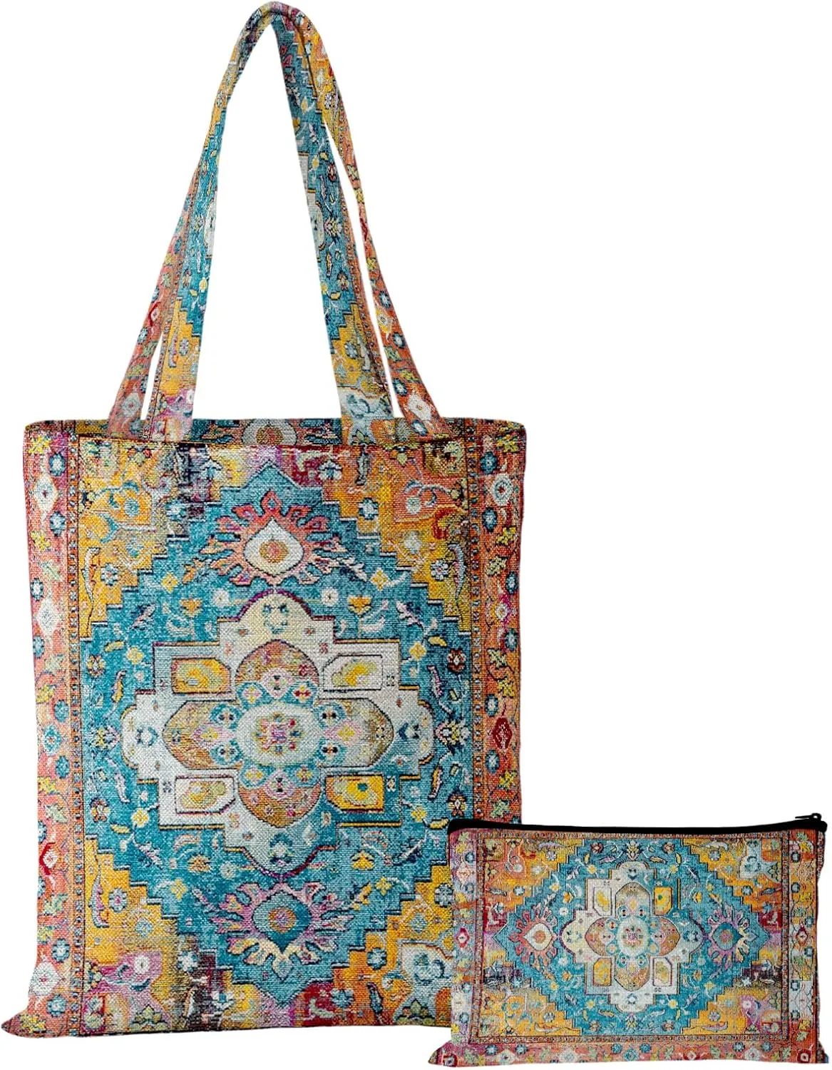 Watbro 2Pcs Antique Ethnic Canvas Tote Bag & Make Up Bag Aesthetic for Women,Boho Vintage Reusable Cloth Cotton Bags