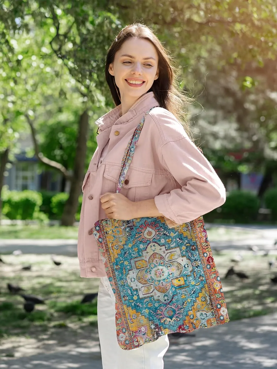 Watbro 2Pcs Antique Ethnic Canvas Tote Bag & Make Up Bag Aesthetic for Women,Boho Vintage Reusable Cloth Cotton Bags