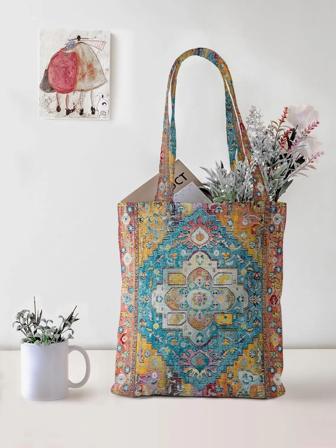 Watbro 2Pcs Antique Ethnic Canvas Tote Bag & Make Up Bag Aesthetic for Women,Boho Vintage Reusable Cloth Cotton Bags