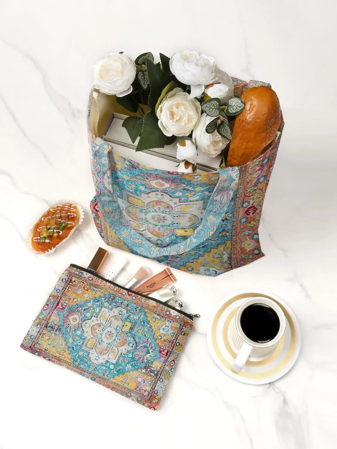 Watbro 2Pcs Antique Ethnic Canvas Tote Bag & Make Up Bag Aesthetic for Women,Boho Vintage Reusable Cloth Cotton Bags