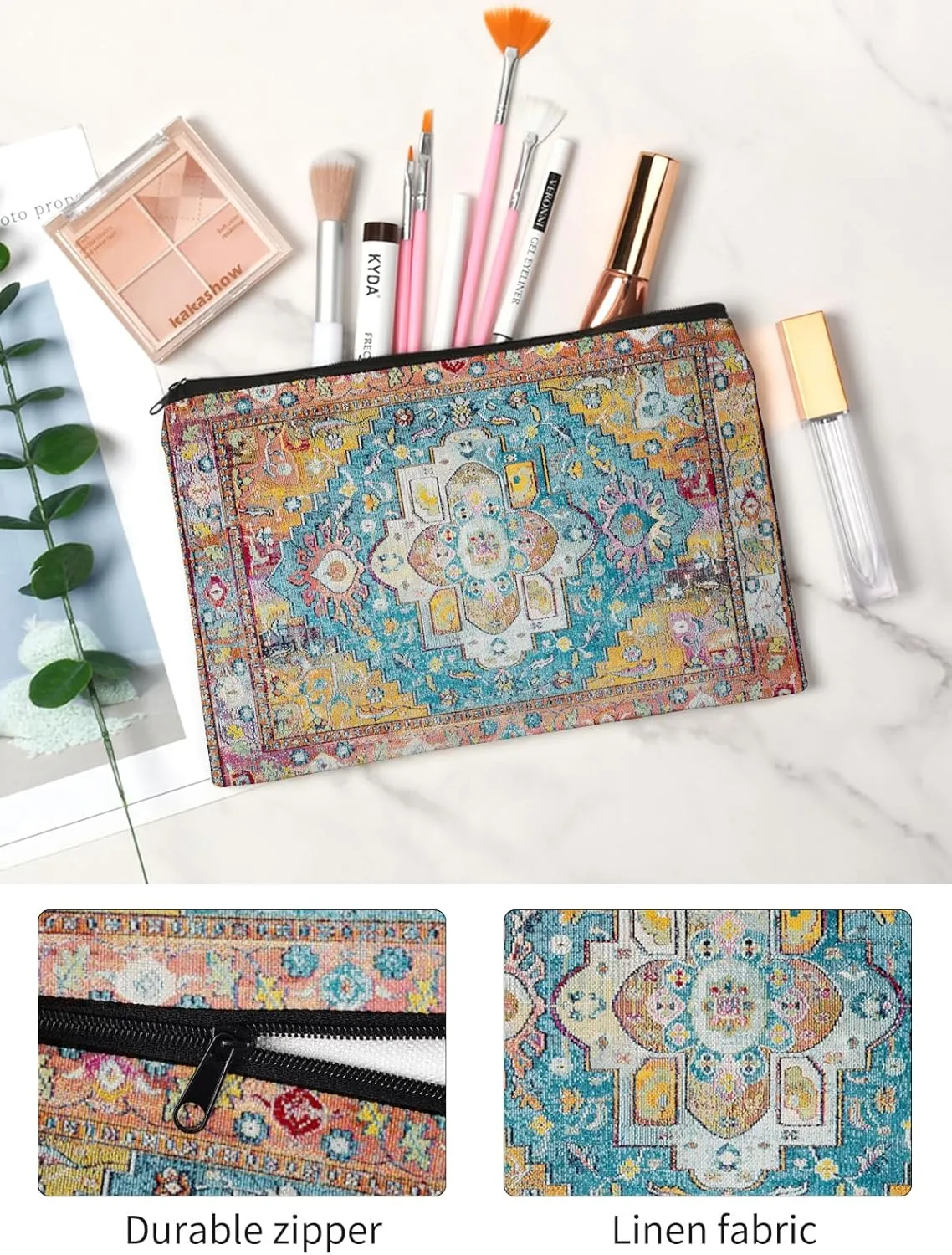 Watbro 2Pcs Antique Ethnic Canvas Tote Bag & Make Up Bag Aesthetic for Women,Boho Vintage Reusable Cloth Cotton Bags
