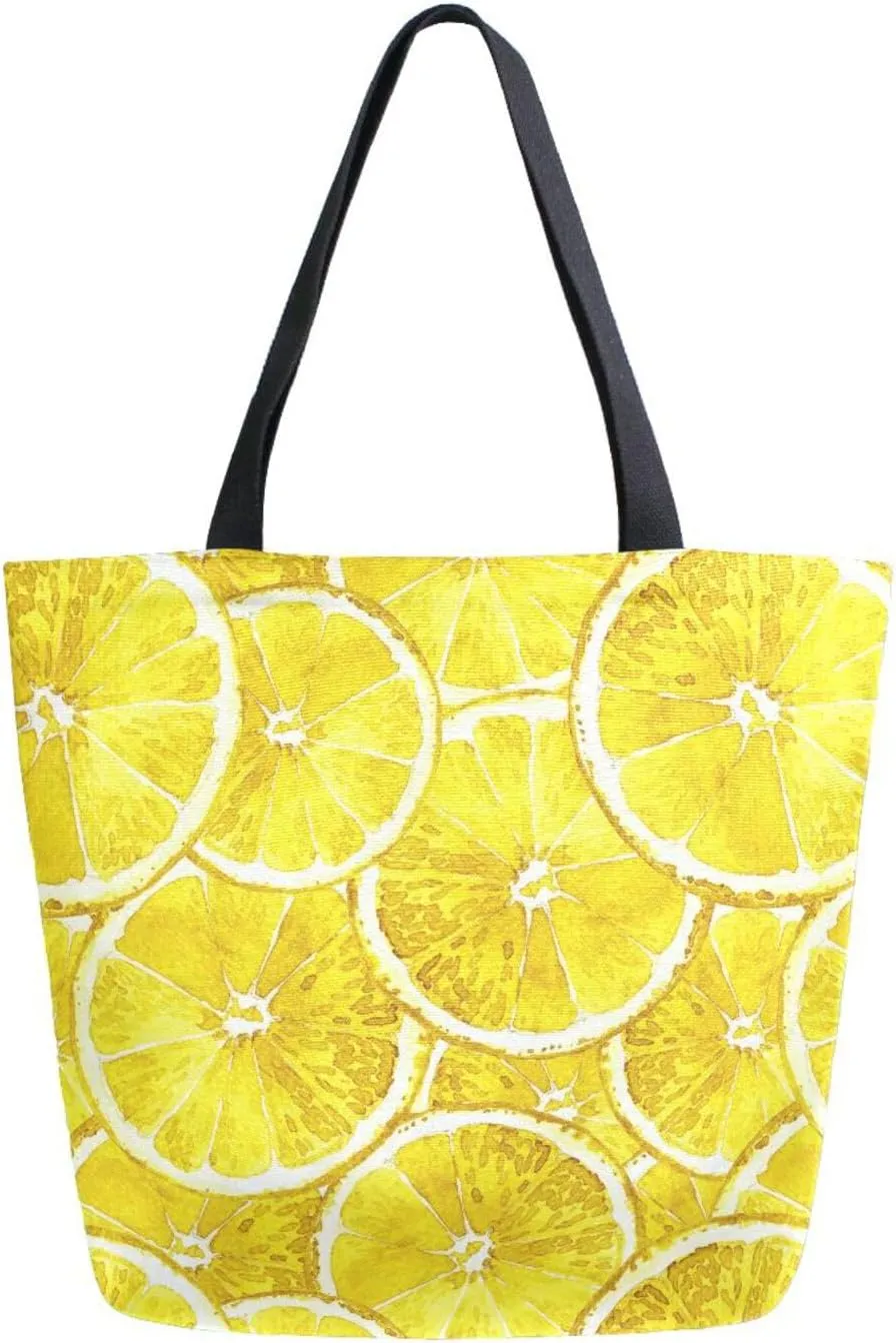 Watercolor Yellow Lemon Slice Canvas Tote Bag for Women with Zipper Pocket Reusable Grocery Shopping Bags Large Travel Shoulder Bag Handbag Bags