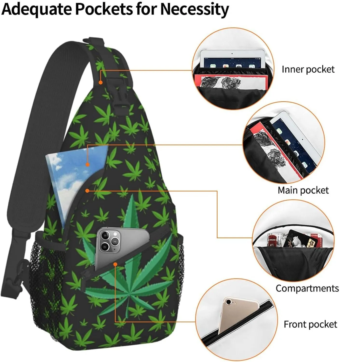 Weed Leaf Pot Cannabis Men Crossbody Chest Bag Single Shoulder Bag Adjustable Strap Sling Bags