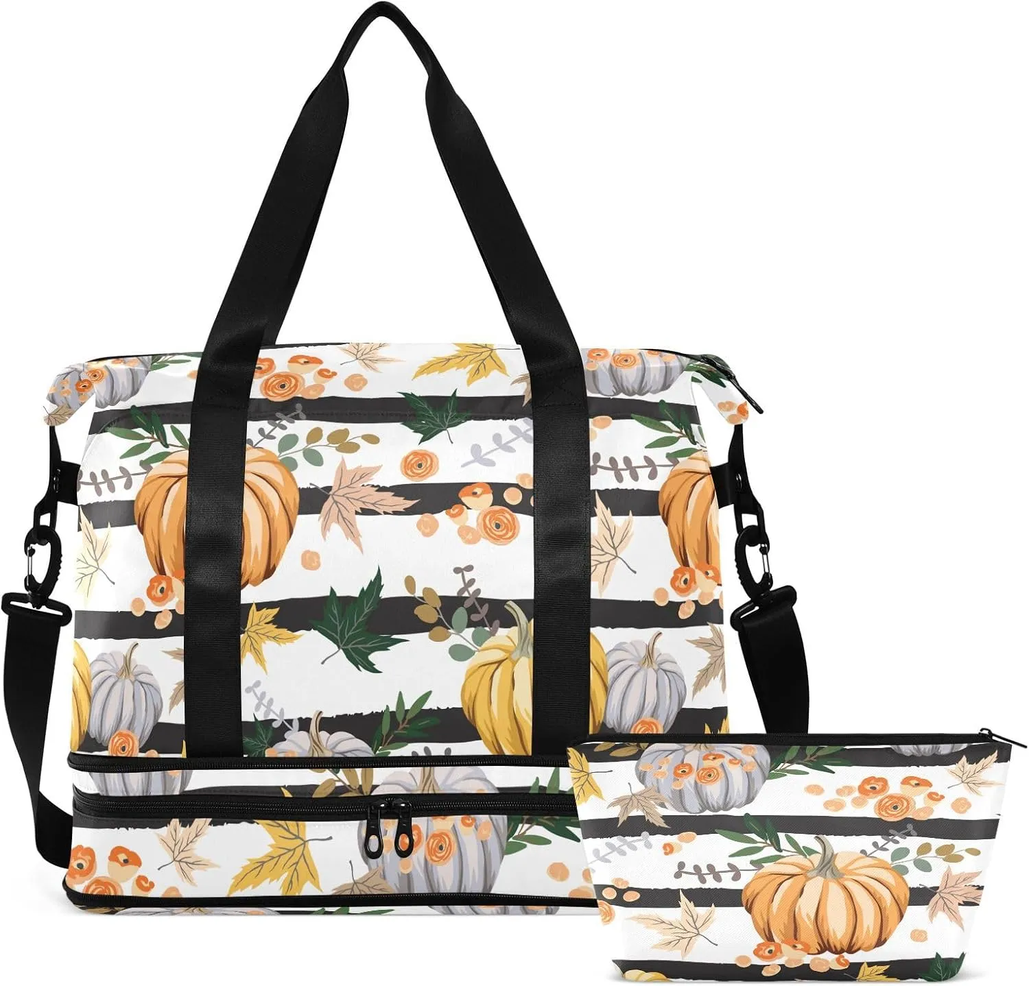 Weekender Overnight Bags for Women Fall Orange Pumpkins Travel Duffel Bag with Shoe Compartments Flowers Leaves Striped Gym Duffel Bag with Toiletry Bag for Travel Sport Yoga 17 Inch