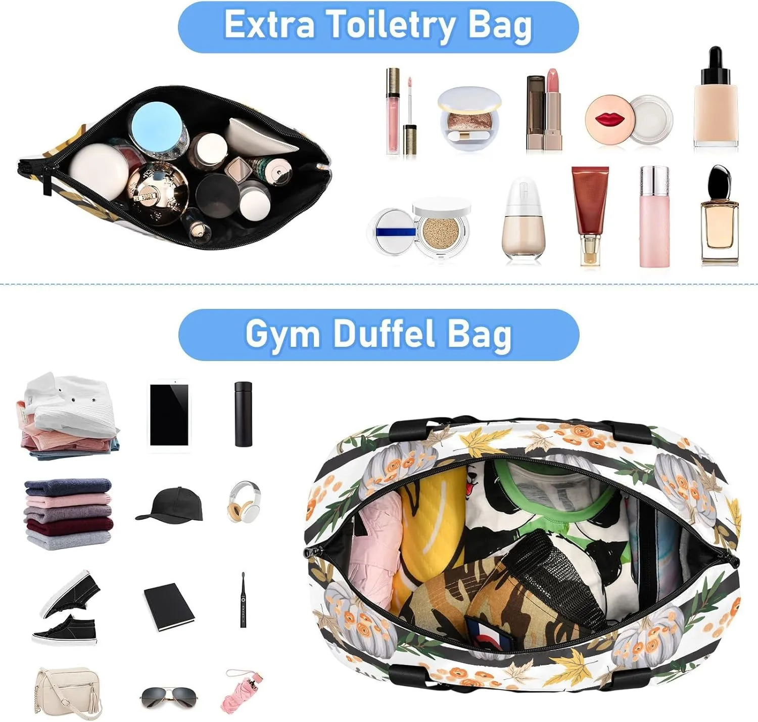 Weekender Overnight Bags for Women Fall Orange Pumpkins Travel Duffel Bag with Shoe Compartments Flowers Leaves Striped Gym Duffel Bag with Toiletry Bag for Travel Sport Yoga 17 Inch