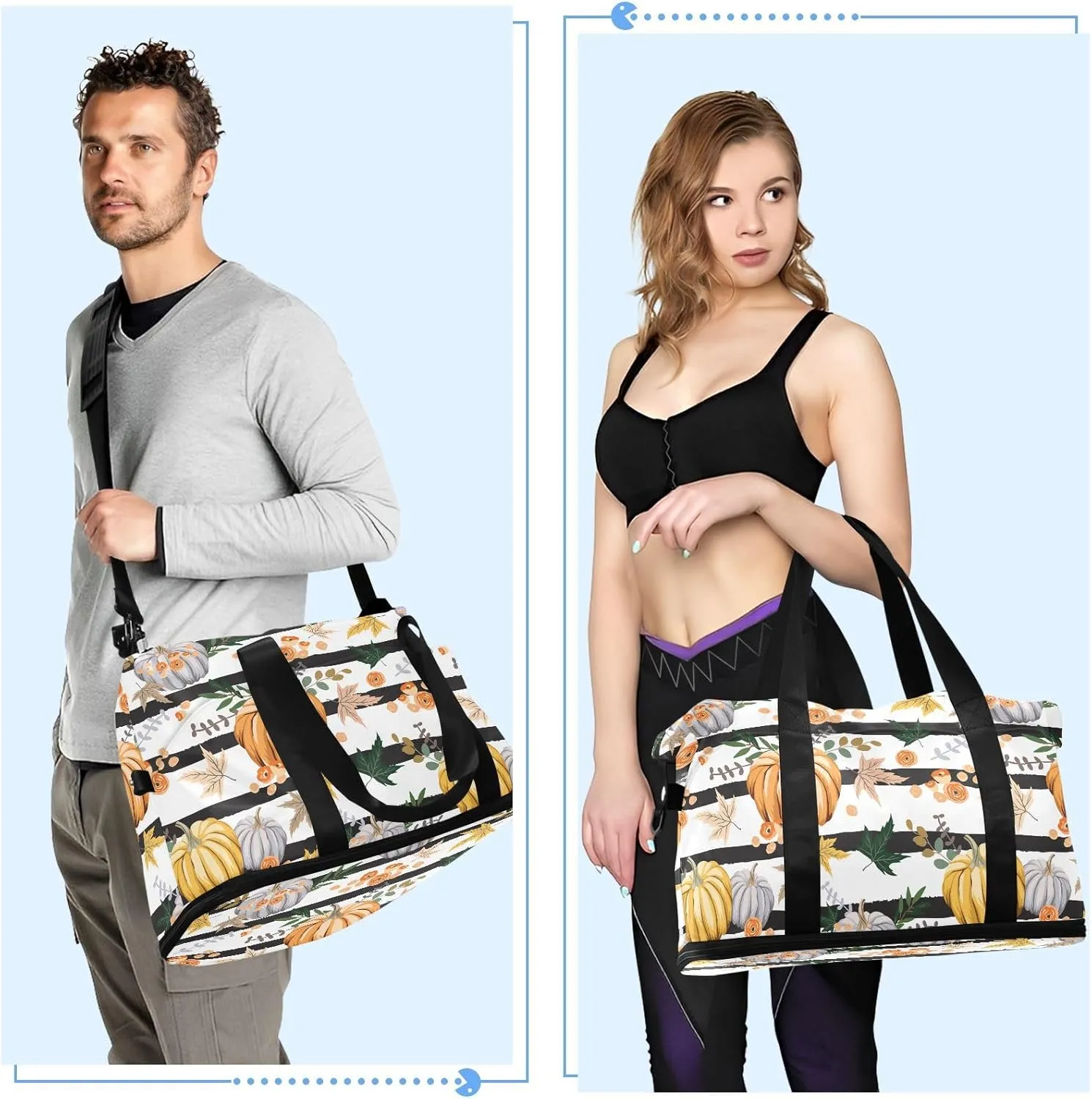 Weekender Overnight Bags for Women Fall Orange Pumpkins Travel Duffel Bag with Shoe Compartments Flowers Leaves Striped Gym Duffel Bag with Toiletry Bag for Travel Sport Yoga 17 Inch