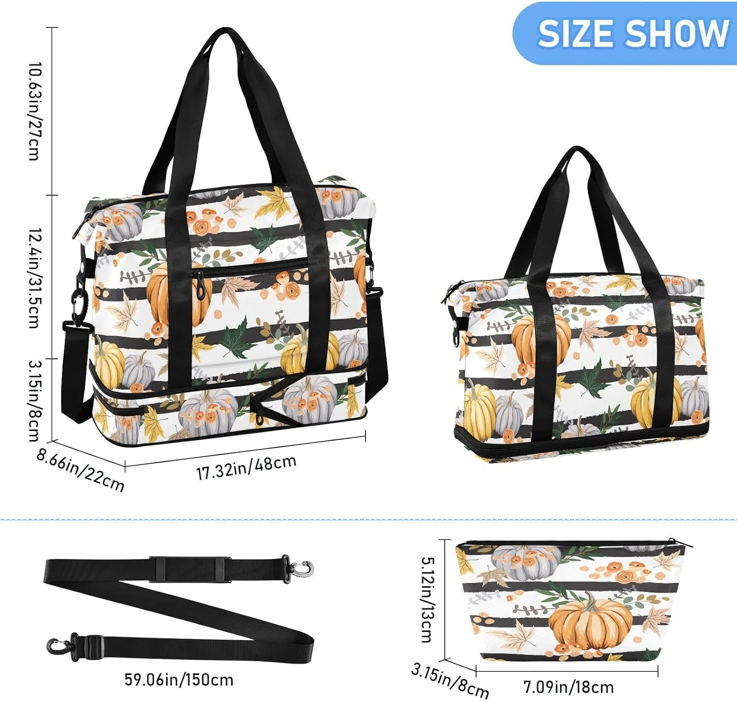 Weekender Overnight Bags for Women Fall Orange Pumpkins Travel Duffel Bag with Shoe Compartments Flowers Leaves Striped Gym Duffel Bag with Toiletry Bag for Travel Sport Yoga 17 Inch