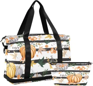 Weekender Overnight Bags for Women Fall Orange Pumpkins Travel Duffel Bag with Shoe Compartments Flowers Leaves Striped Gym Duffel Bag with Toiletry Bag for Travel Sport Yoga 17 Inch