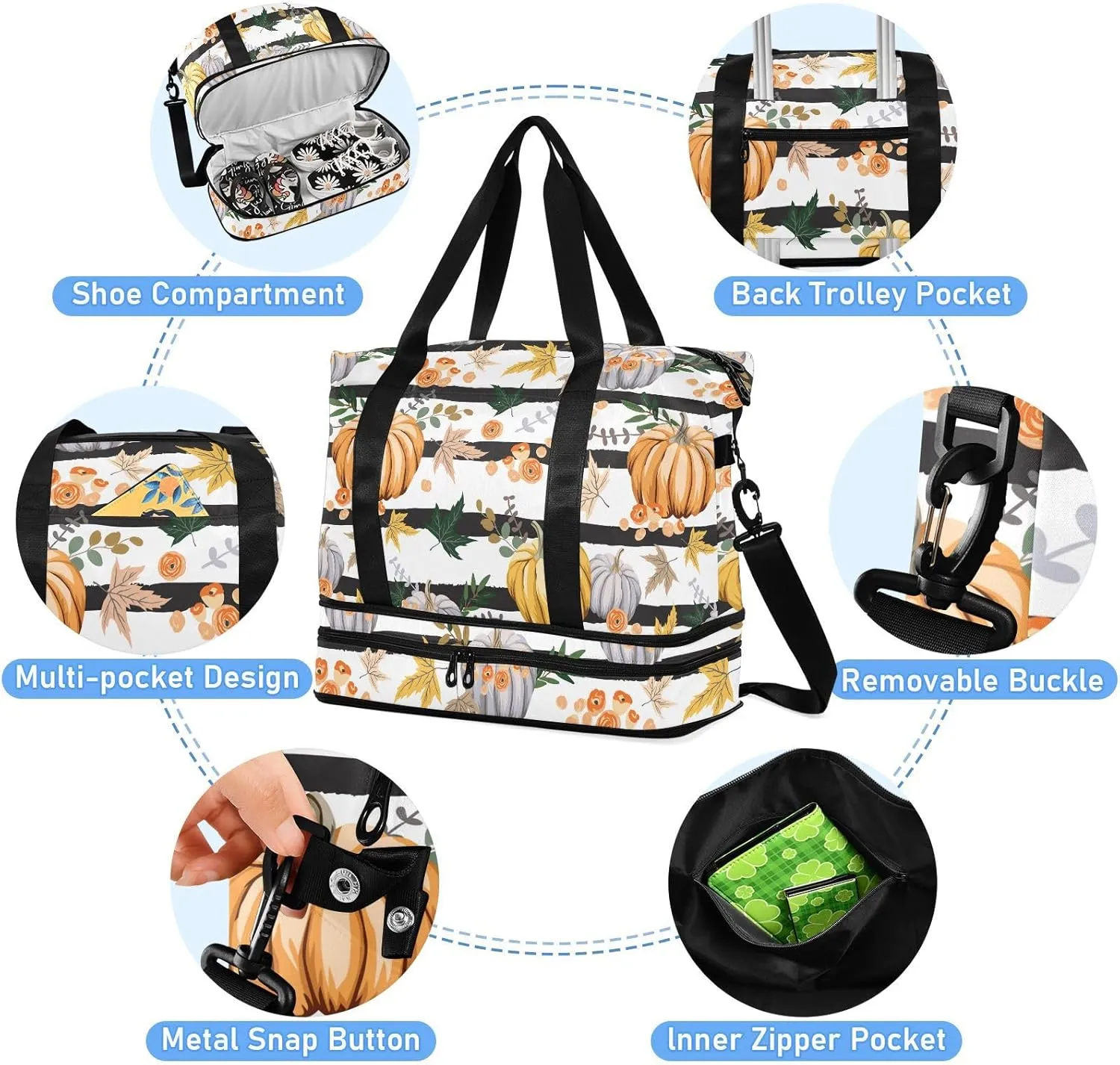Weekender Overnight Bags for Women Fall Orange Pumpkins Travel Duffel Bag with Shoe Compartments Flowers Leaves Striped Gym Duffel Bag with Toiletry Bag for Travel Sport Yoga 17 Inch