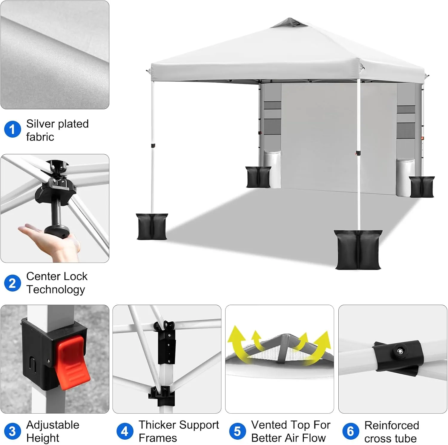 WEIZE 10x10 Pop Up Canopy Tent,One-Button Push Setup,Pop Up Tent with 1 Sidewall and 6 Pockets,Adjustable Height Instant Portable Shelter,4 Weight Bags,Sun Shade for Events & Beach (White)