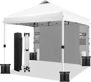 WEIZE 10x10 Pop Up Canopy Tent,One-Button Push Setup,Pop Up Tent with 1 Sidewall and 6 Pockets,Adjustable Height Instant Portable Shelter,4 Weight Bags,Sun Shade for Events & Beach (White)