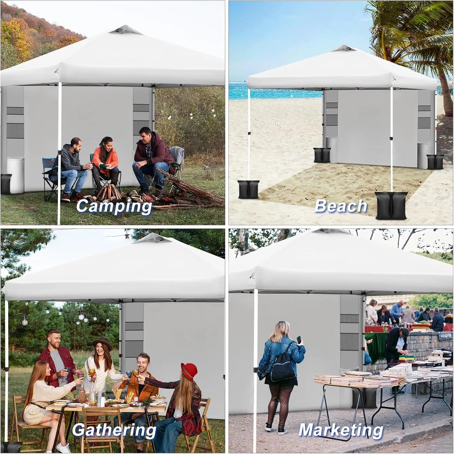 WEIZE 10x10 Pop Up Canopy Tent,One-Button Push Setup,Pop Up Tent with 1 Sidewall and 6 Pockets,Adjustable Height Instant Portable Shelter,4 Weight Bags,Sun Shade for Events & Beach (White)