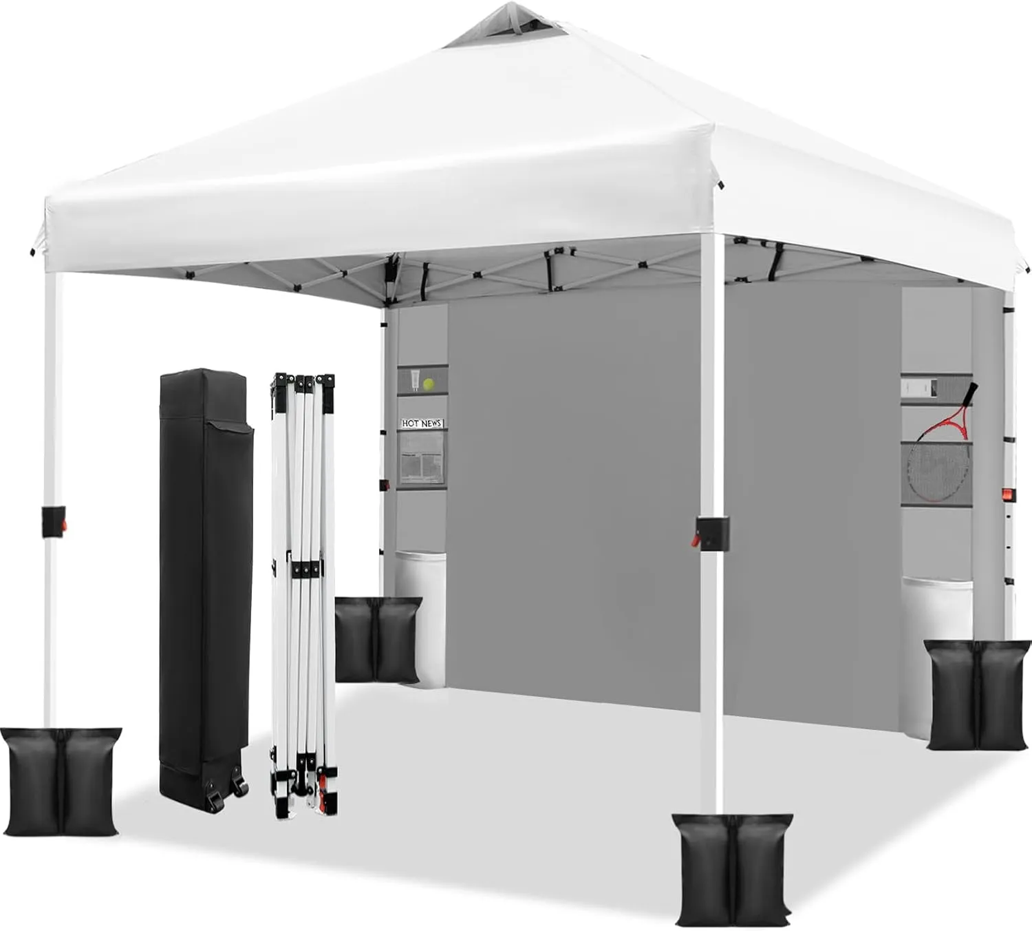 WEIZE 10x10 Pop Up Canopy Tent,One-Button Push Setup,Pop Up Tent with 1 Sidewall and 6 Pockets,Adjustable Height Instant Portable Shelter,4 Weight Bags,Sun Shade for Events & Beach (White)