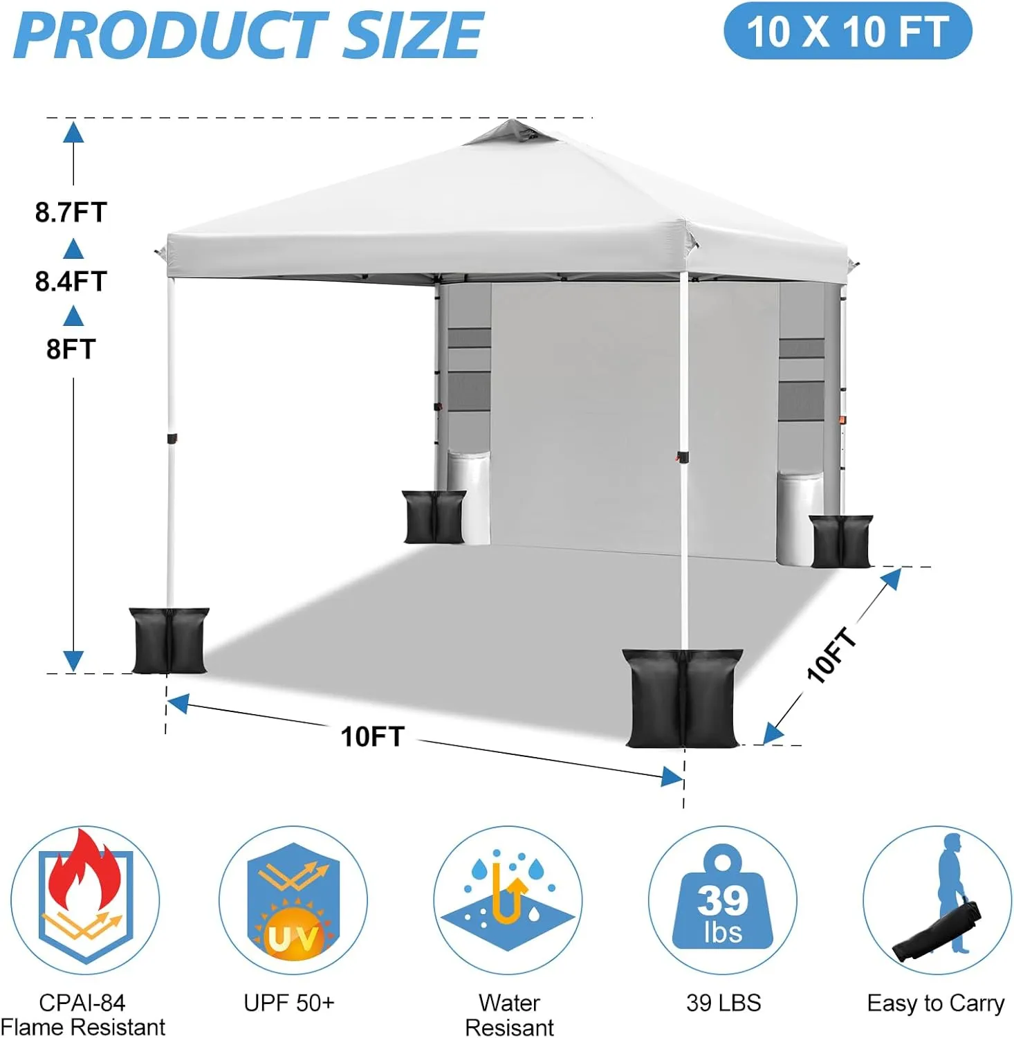 WEIZE 10x10 Pop Up Canopy Tent,One-Button Push Setup,Pop Up Tent with 1 Sidewall and 6 Pockets,Adjustable Height Instant Portable Shelter,4 Weight Bags,Sun Shade for Events & Beach (White)