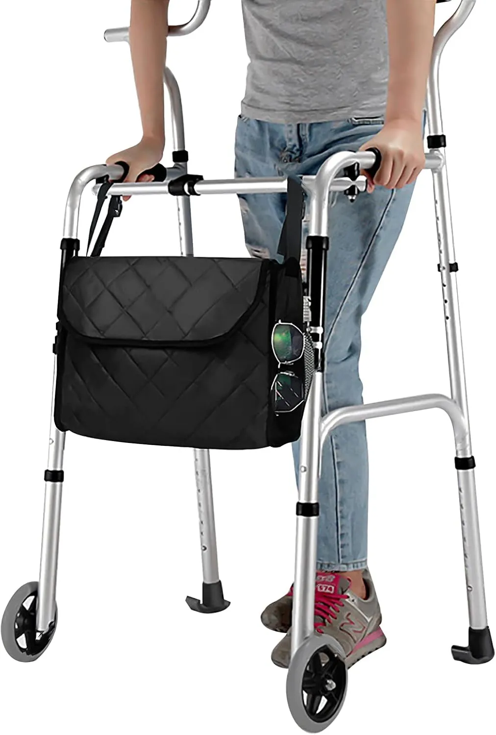 Wheelchair Backpack Accessories Organizer Storage Bags Wheelchair Attachment Hanging Pouch Hands Free Tote Rollator Walker Carrying Bag with Cup Holder Adjustable Shoulder Strap for Seniors Disabled