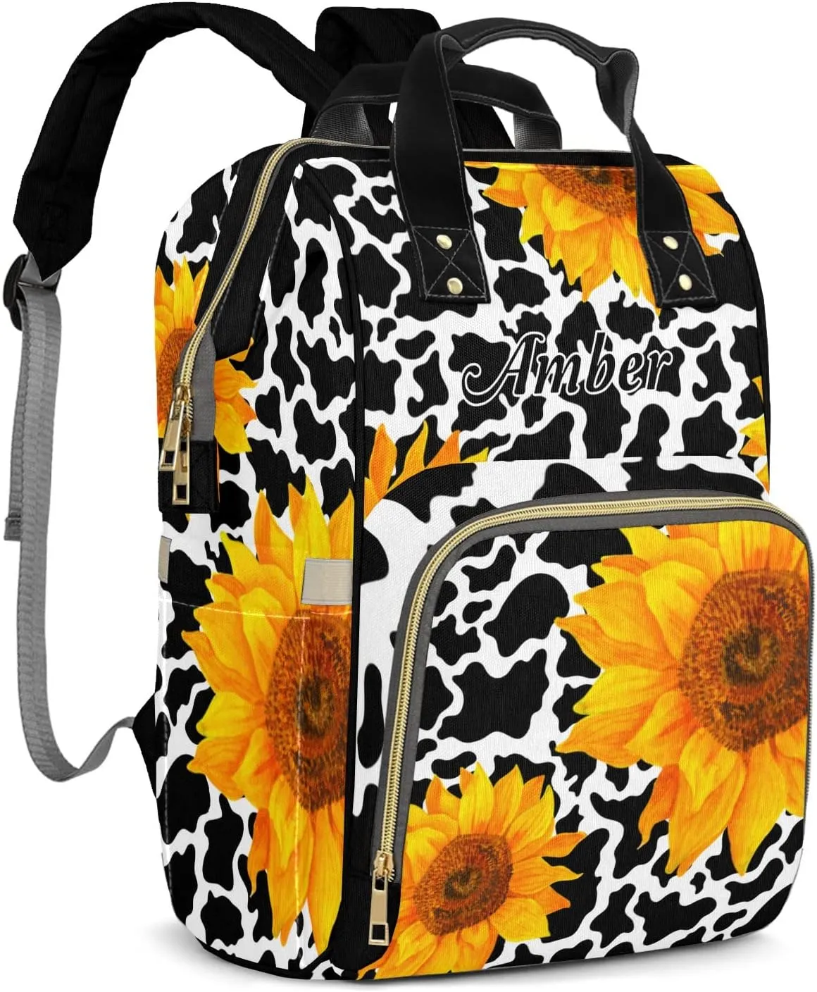 White Black Cow Pattern Sunflower Diaper Bags Backpack Customized Baby Bag Nursing Nappy Bag Travel Tote Gifts for Women