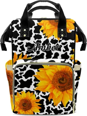 White Black Cow Pattern Sunflower Diaper Bags Backpack Customized Baby Bag Nursing Nappy Bag Travel Tote Gifts for Women