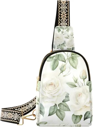 White Rose Flower Muted Color Backpack Sling Bag for Women Crossbody Bags Small Cross Body Bags Leather Travel Chest Bag Purse Casual Daypack